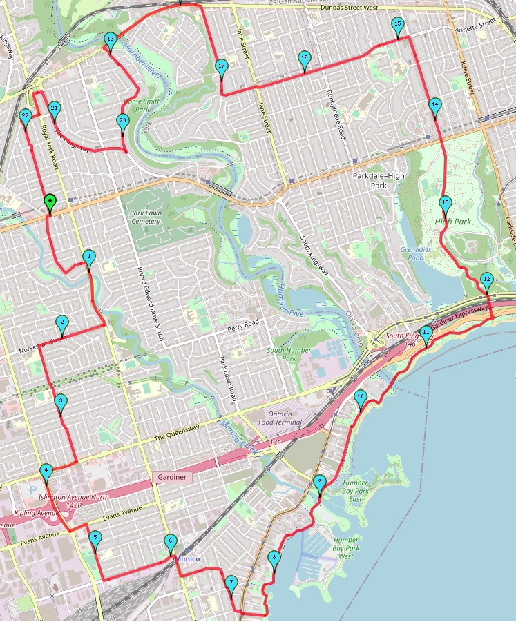 Mimico March 22.8 km route map